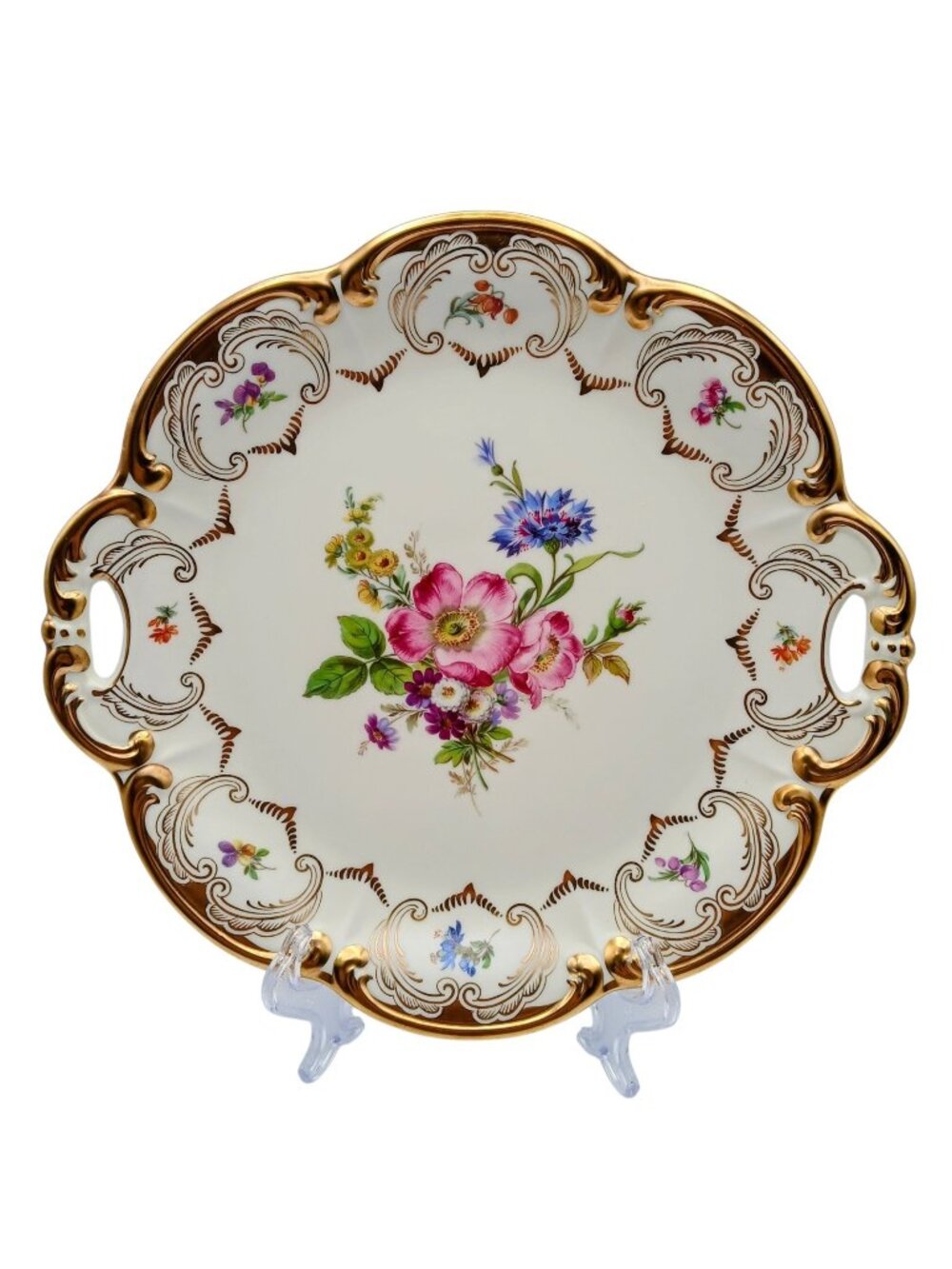 Tirschenreuth Bavaria Dresden Style Floral Serving Platter Gold Gilt Porcelain